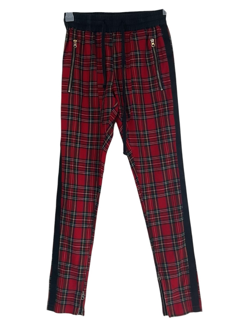 Embellish Red Tartan Plaid Jogger Pants Size Small Zip Hem Track Pants 28” Waist